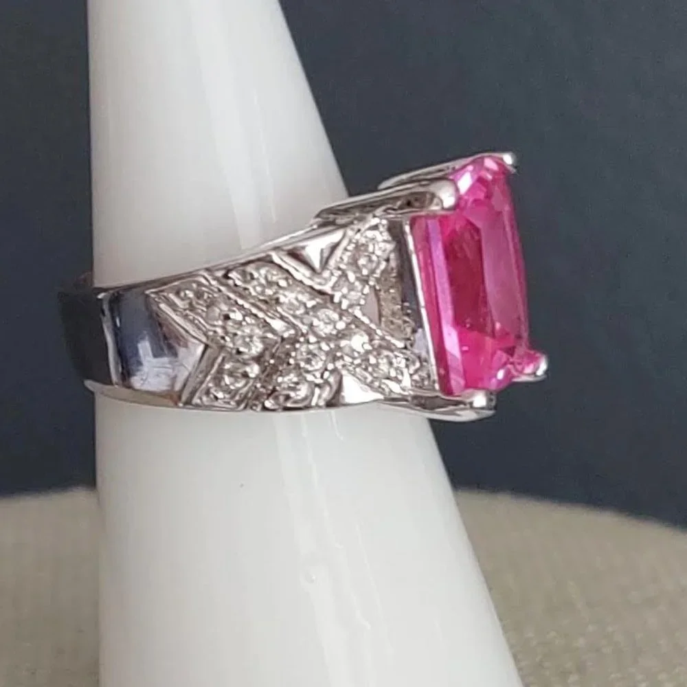 Pink stone and silver cocktail ring